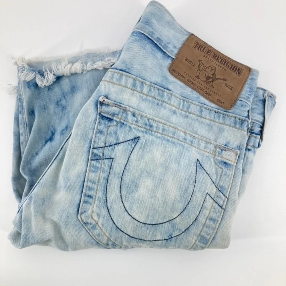 True Religion Section Geno Button Fly Cut Off Shorts Men 30 Bleach Wash USA